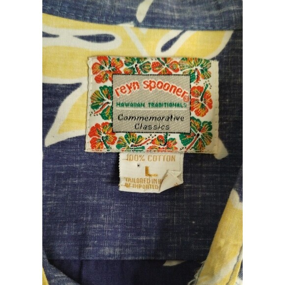 Reyn Spooner Shirt Men Blue Yellow Commemorative Classic Hawaiian Large - Picture 6 of 7